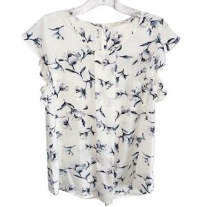 Jella C. Black/White/Blue Floral Print Blouse Ruffle Cap Sleeve Sz Medium